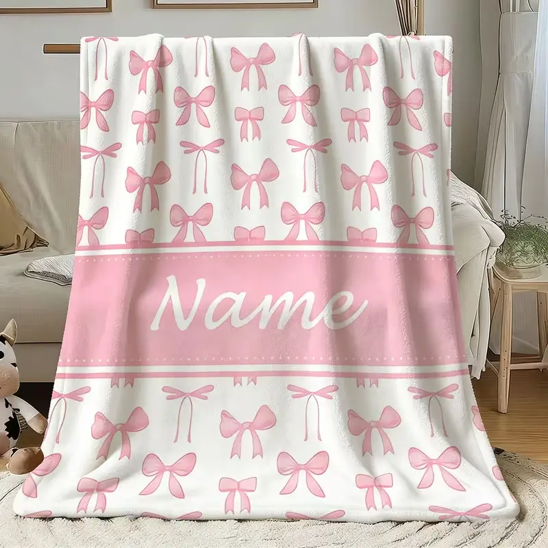 Customized Wrinkle-Resistant Blush Pink Flannel Blanket - 1 Piece, Fantasy Bow, Personalized Name, All Seasons, Durable, Multi-Size, Unfold-Friendly, Ideal for Birthday Gifting, Cozy Room Enhancement