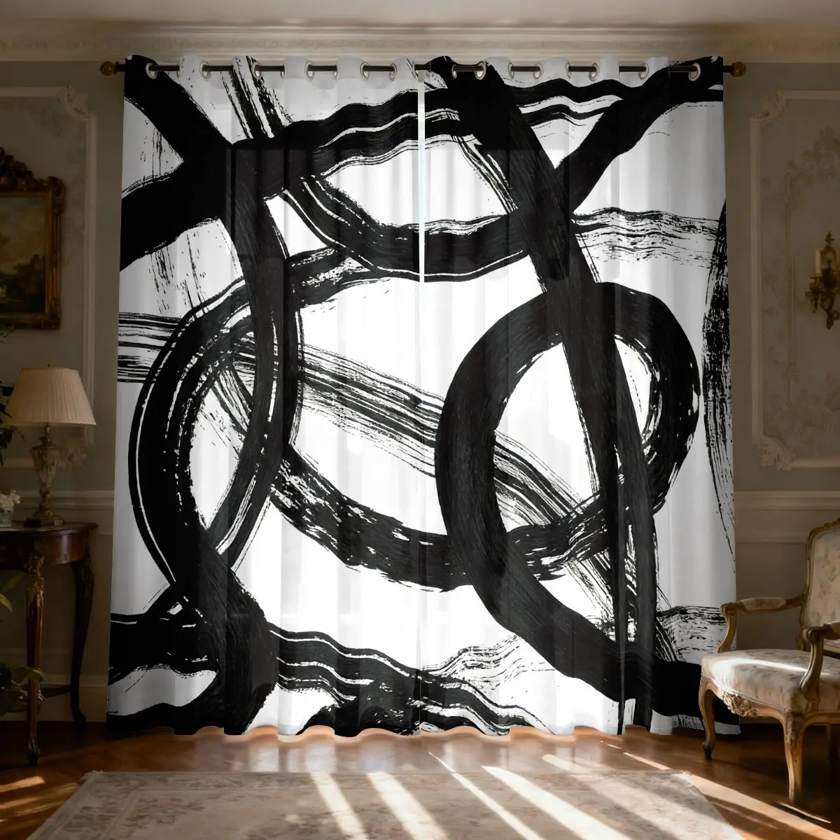 2-piece modern abstract art curtains black and white brushwork design printed filter translucent curtains, suitable for machine washable decorative curtains in living rooms, bedrooms, kitchens, etc. Home Decoration Curtain Window Curtain