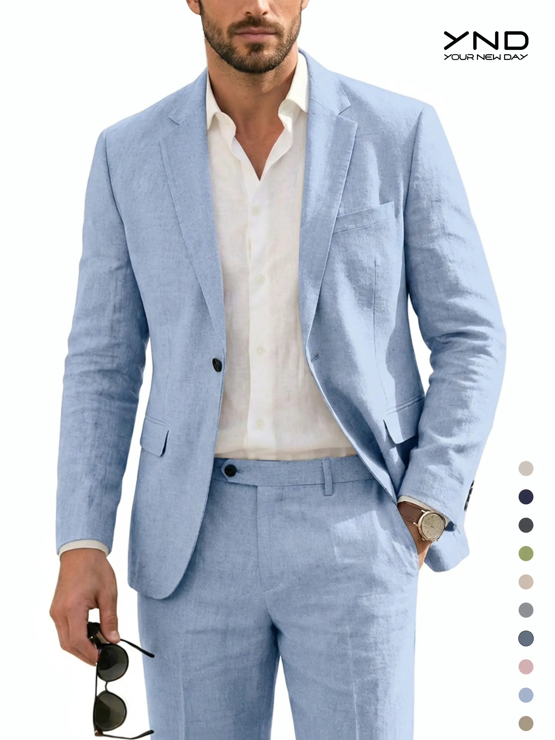 YND Men's 2-Piece Plain Linen Casual Suit Set - Regular Fit, Lightweight Blazer & Pants, Formal Wear Menswear for Wedding, Business, Button
