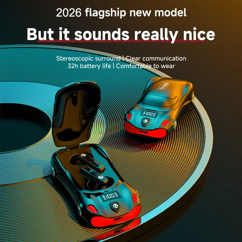 Black Wireless Earphone With Cool Sport Car Shape, LowLatency And Long Battery Life, Portable EarbudsHeadphones Audio Headset Electronic Connection