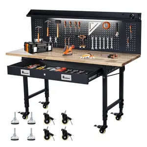 [fathers day gift]New Upgraded Utility Tables Heavy-Duty 60-Inch Garage Workbench with Wheels, Adjustable Durable Rubber Wood Top, Built-In Power Outlet, Pegboard, Drawer, 2000 lbs Load Capacity for Woodworking, Office & Home Use