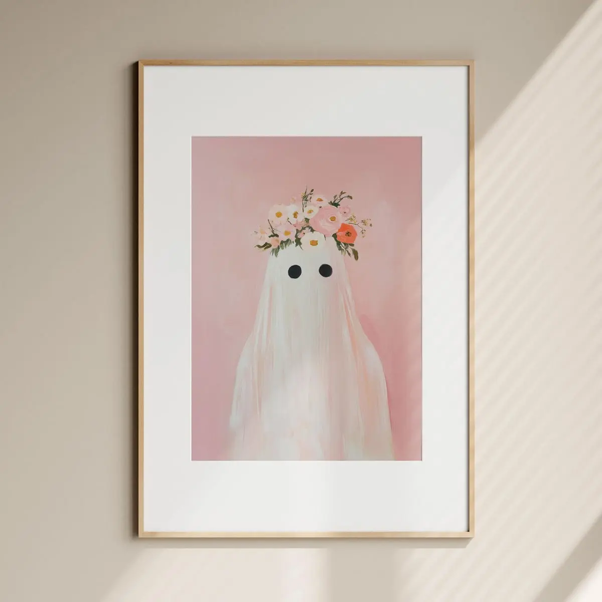 Spooky Farmhouse Halloween poster, Cute Ghost with a Flower Crown Printable Wall art, Pink Halloween wall decor