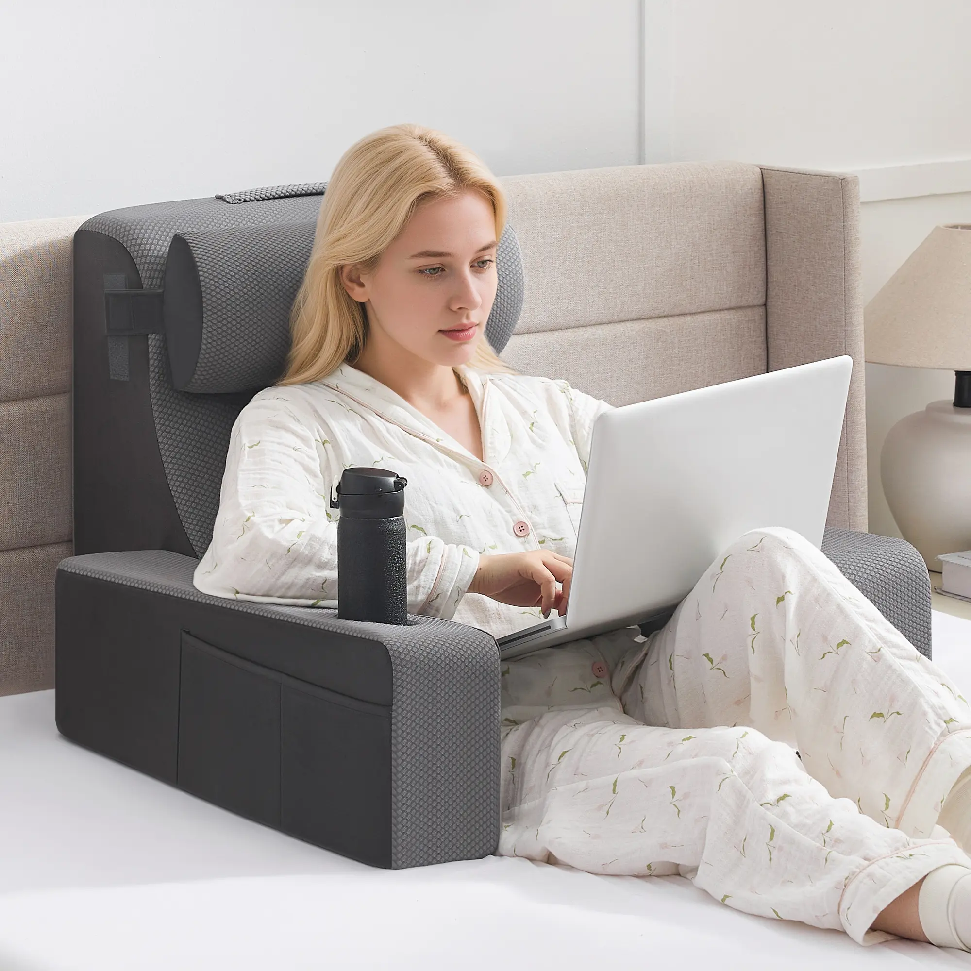 Supportive Backrest Bed Pillow for Beds & Floor - Sitting Up Support with Arms, Built-in Cup Holder, Side Pockets, Skin-Friendly Soft Filling for Reading, Gaming