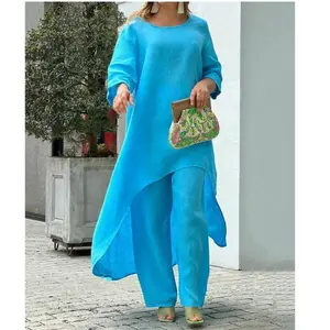 European and American new women's clothing cotton and linen fashion casual plus size irregular long sleeved suit wide leg pants two-piece set fabric fits well