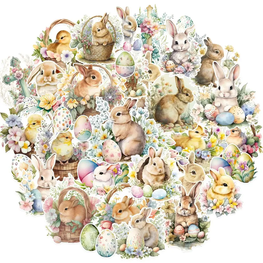 100 PCS Happy Chicks Easter Bunny Stickers Pack - Aesthetic Spring DIY Decals, Party Favors, Classroom Prizes for Toddlers, Scrapbooking Planner Luggage Decor