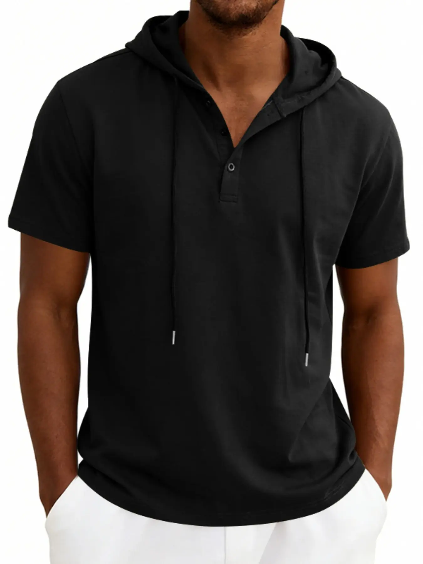 Men's Summer Casual Hooded Drawstring Henley Shirt, Loose Fit Short Sleeve Vest, Vintage Style, Plus Size, European and American Fashion