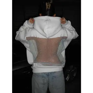 Women Mesh Back See Through Hoodies Sweatshirts Long Sleeve Sequin Fishnet Sheer Back Pullover Backless Jumper Top with Pocket