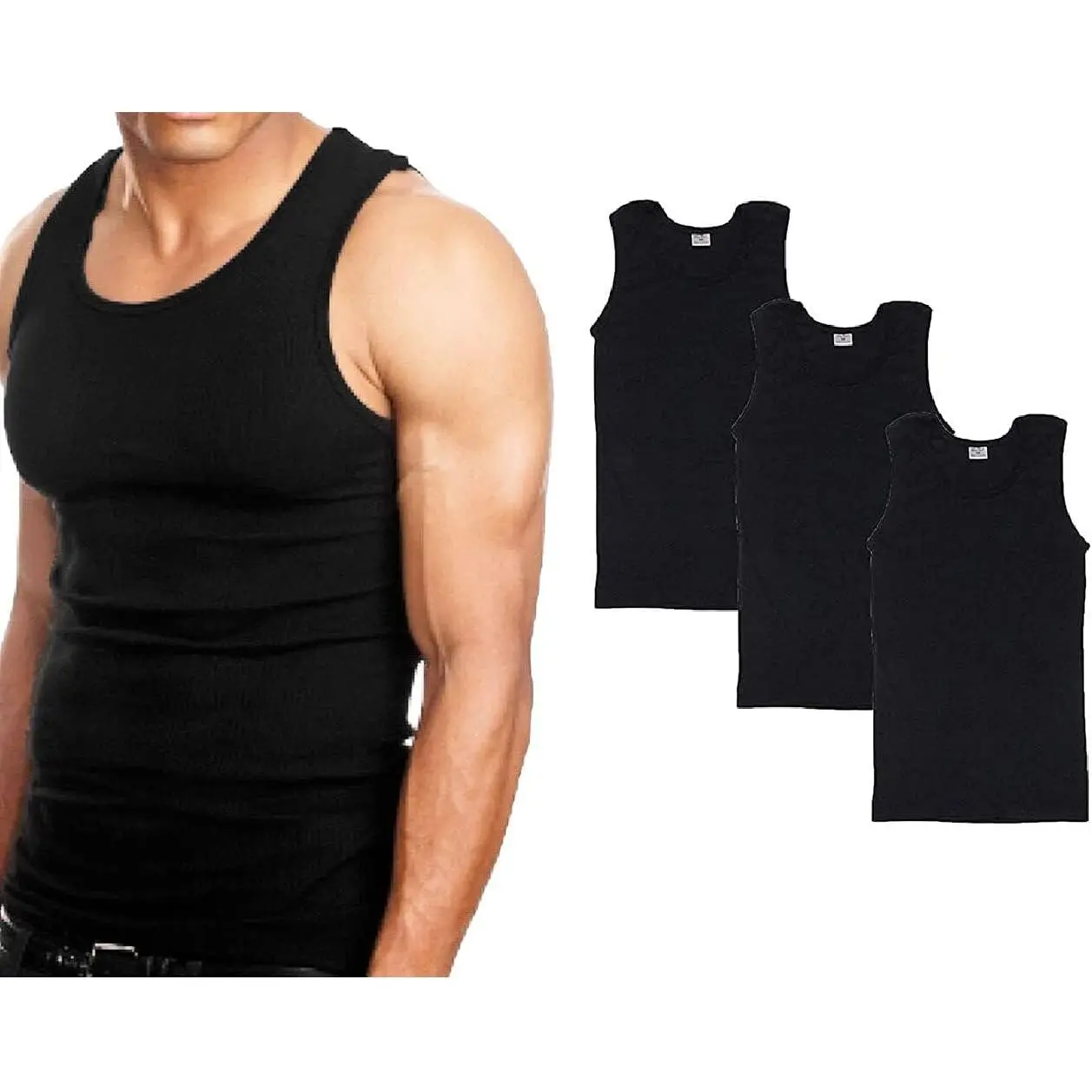 Multipacks Men's 100% Cotton Plain Tank Tops - White/Black Wife Beater A-Shirt Undershirts, Sleeveless Casual Menswear Crewneck Operator Bestie Socks