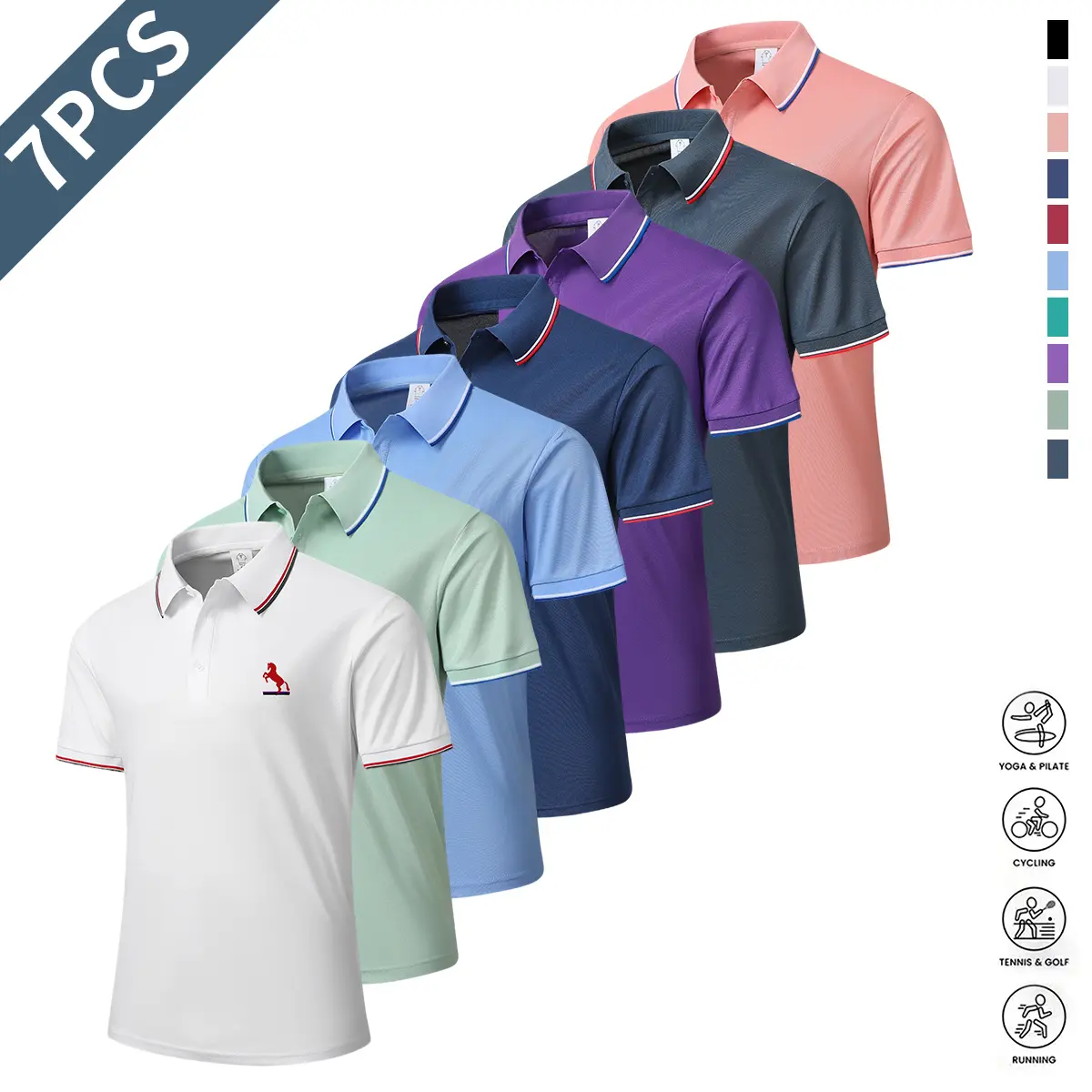 Men's 7-Pack High-Quality Short Sleeve Casual Athletic Polo Shirts - Mensfashion Menswear with Button Front-Placket, Plain Minimalist Design, Breathable Fabric, Well-Fitted for Casual Business & Tennis Training, Ideal Gifts, Smart Casual Style