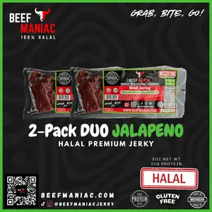 Halal Beef Jerky 2-Pack Duo Jalapeno by Beef Maniac | Natural Hardwood Smoked Premium Jerky Made in Michigan