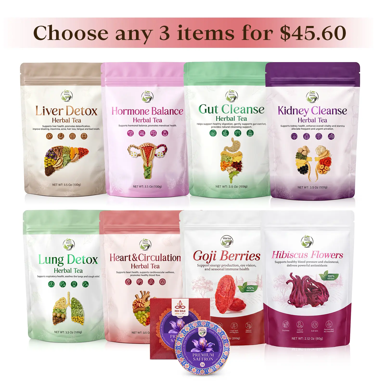 Herbal Tea Custom Combination, Choose Any 3 items, Natural Herbal Tea, Caffeine-Free, Non-GMO | Daily Beverage | iTREE · Vital-Tea