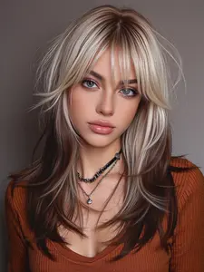 Ombre to Ash Blonde Medium Layered Wig with Bangs, Rose Net Cap, Breathable Heat Resistant Synthetic Hair, All Seasons, Ombre Layered Wigs, Synthetic Material Wigs, Synthetic Machine Wigs