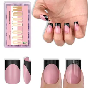NOVO OVO Short Sharp Square Black French Tip Nail Tips Press on BERRY PINK, Extra Thick NEED Nail Glue Builder Gel Top Coat, Soft Gel Full Cover Fake Flase Nail Extension for DIY x 15 Sizes 240 pcs【NO GLUE TOP COAT AND LAMP INCLUDED】