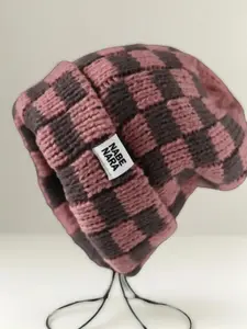 Fashionable Patched Checkerboard Pattern Beanie, Stylish Hat, Cute Beanie Hat, New Trendy Fitted Cool Hats for Men & Women, Casual Warm Cozy Knitted Hat for Fall & Winter, Unique Gifts for Women, Bonnet