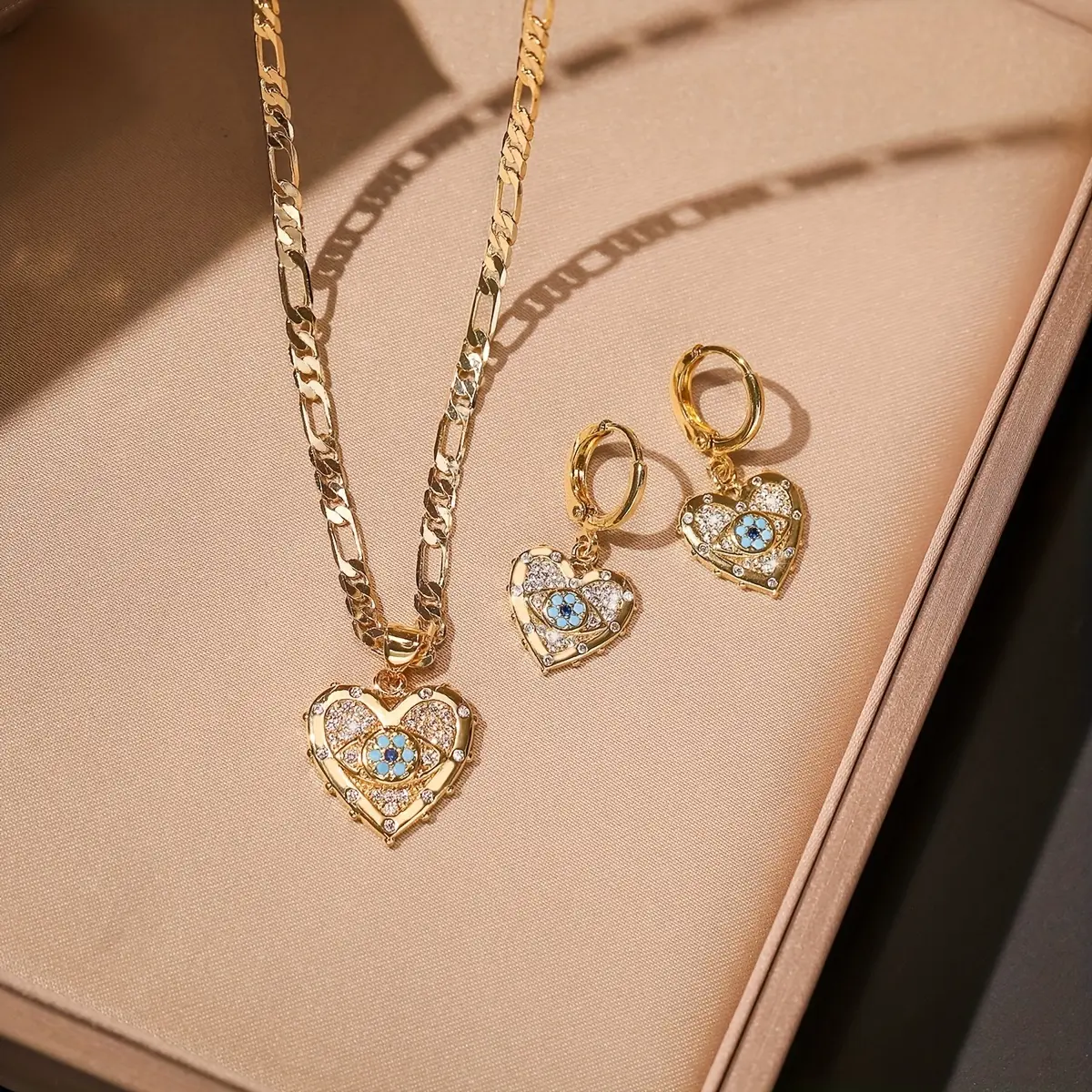 MARS2059 2PCS 14K Gold Plated Open Twist Eternity Blue Eye Pendant Necklace For Women Luxury And Retro Style For Party Wear