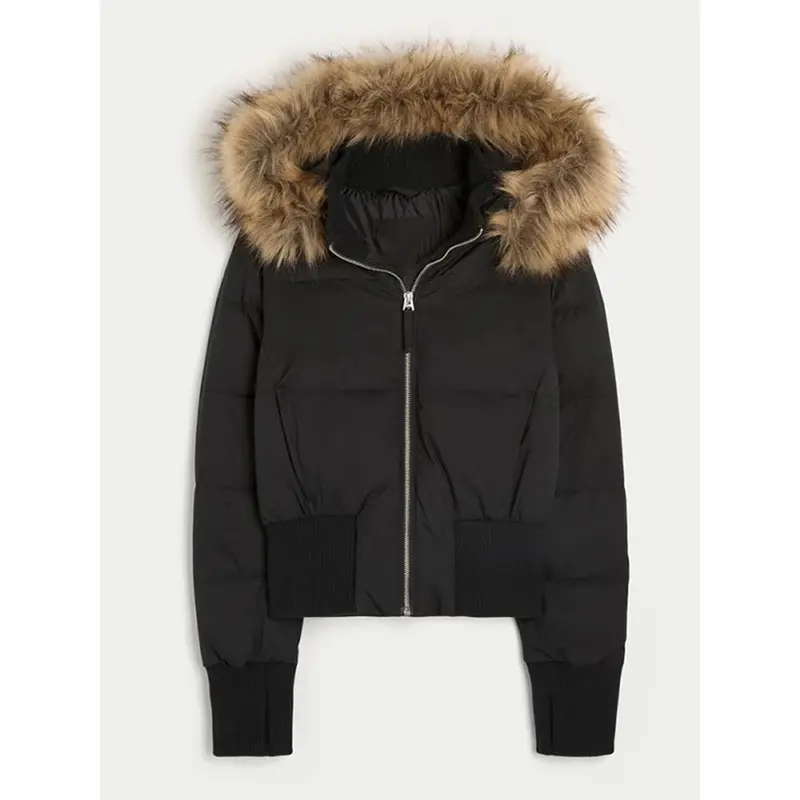 Chic Full Sleeve Zipper Pocket Cropped Jacket Fashion Women's Faux Fur Hooded Quilted Coat 2025 Winter New Lady Padded Outerwear