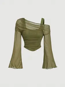 Off-Shoulder Mesh 2in1 Trumpet Sleeve Long Sleeve Women's Top,Western,Vintage,70s,The Bachelorette