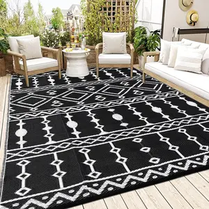 GARVEE Waterproof Outdoor Rug, 9x18ft Large Floor Mat and Rug for RV Camping Rug, Outside Carpet for Patios, RV, Porch, Balcony, and Deck, Black & White