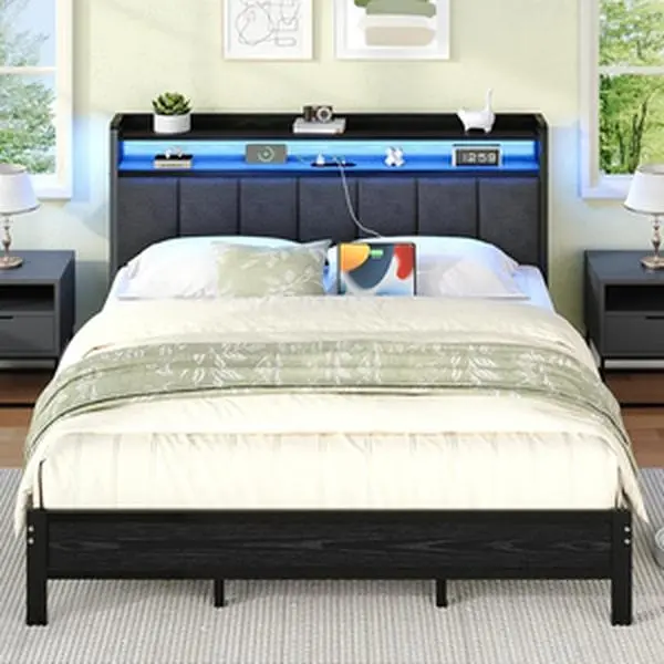 [SummerWins] HOMBCK Twin Full Queen King Bed Frame With Storage Headboard & LED Lights, Charging Station,king size bed frame with headboard,Heavy-duty Metal Slatted Base Support,No Spring Mattress Required,Easy Assembly,Grey,White,Cream#home essentials