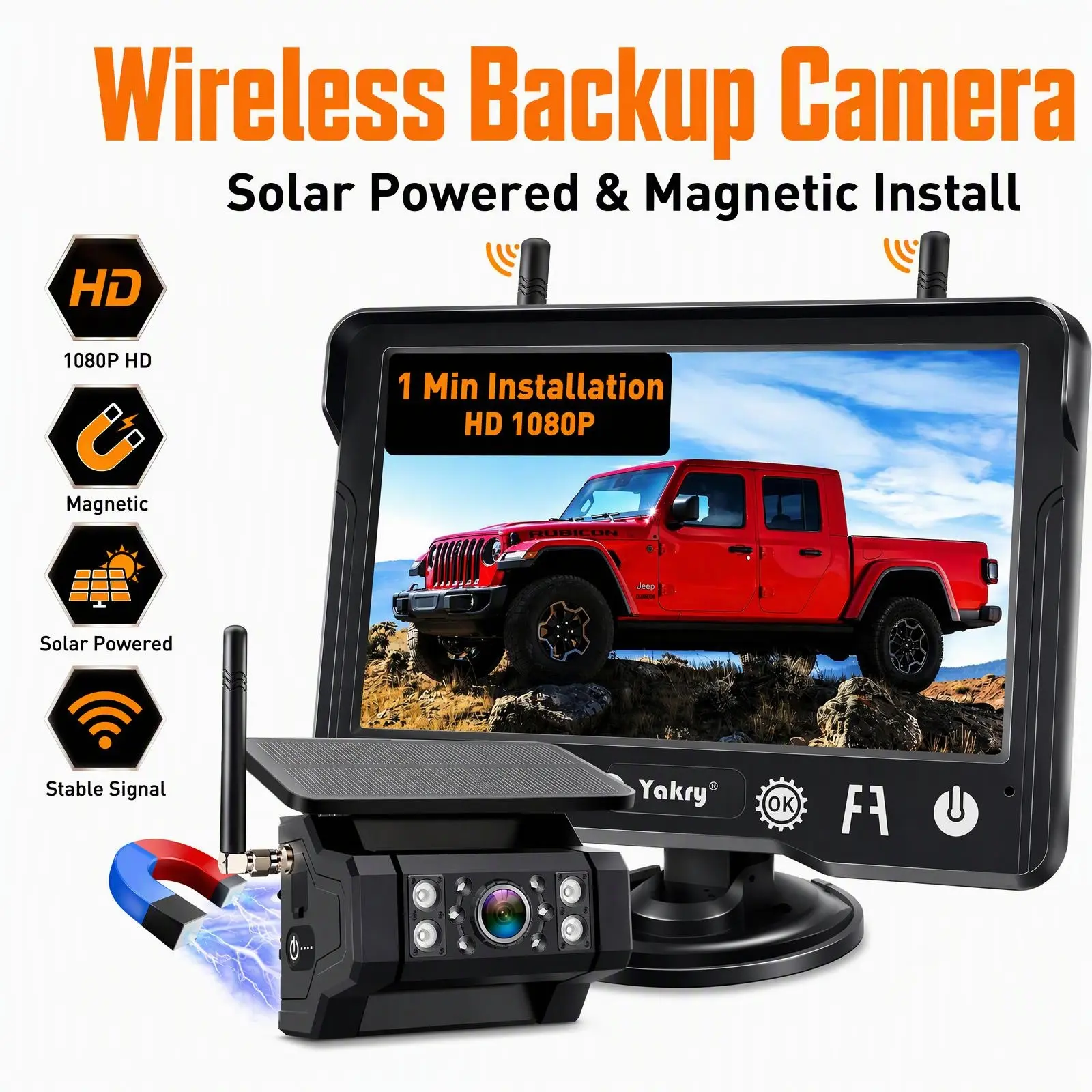 YAKRY Magnetic Solar Wireless Backup Camera 5" Monitor IP69 Waterproof HD1080P No Wiring Rechargeable Camera for RV Trailer Camper Blind Spot Truck Automotive Backup Camera for Truck IR Night Vision farmer toolupgrade