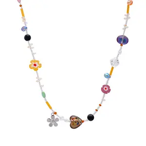 Summer Beaded Necklace Colorful Acrylic Flower Pendant Women Neck Jewelry