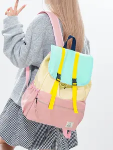 Macaron Color Block Flap Backpack Casual Daypack School Backpacks with Yellow Buckle Design Large Capacity Student Schoolbag for Casual Commute Travel