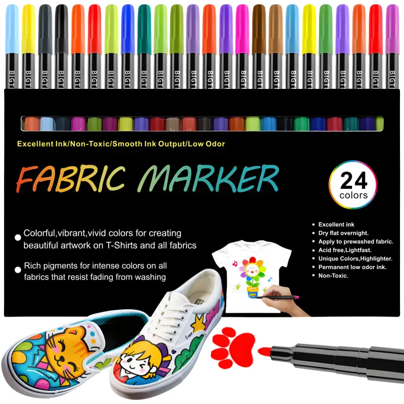 24 Colors Fabric Markers Permanent For Clothes,Waterproof & Machine Washable, No Bleed Pens for T-Shirt, Canvas Shoes, Bags, Pillowcase, Fine Tip Clothing Markers for Laundry Marker
