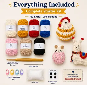 TIKA Beginner Crochet Kit 3-Pack Alpaca, Hamster and Chubby Chicken with Step-by-Step Video Tutorials for Adults