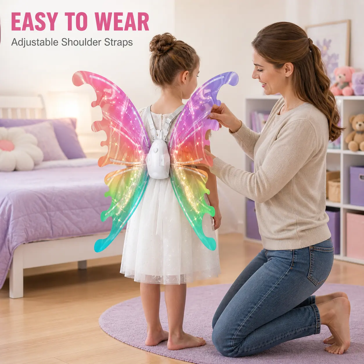 Electric Fairy Wings for Girls, Light Up Moving Butterfly Wings with LED Lights and Music, Rainbow Princess Costume Accessory with Adjustable Shoulder Straps for Kids Dress Up Play, Birthday Parties, Halloween, Cosplay, Dance Shows and Photo Props
