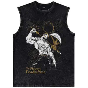 Vintage Washed Anime Sun God Muscle Tank Top | Men's Streetwear Titan Warrior Graphic Sleeveless Tee | Y2K Grunge Harajuku Golden Axe Vest | Retro Casual Edgy Oversized Summer Gym Shirt