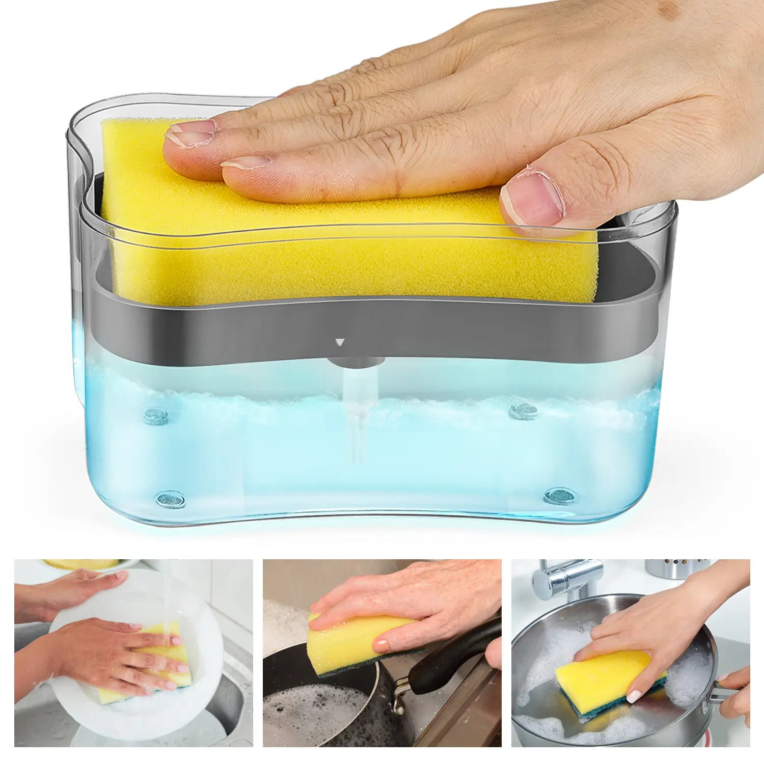 2-in-1 Soap Dispenser & Sponge Holder Combo for Kitchen Large Capacity Easy One-Hand Operation Gray Includes Drip Tray & Caddy for Clean and Organized Countertops Home Goods