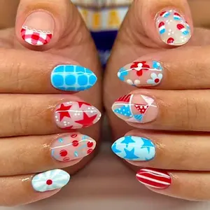 24pcs Summer Picnic Press On Nails, Medium Almond Full Cover Nails, Acrylic Tips with Red, White & Blue Patterns, Stars, Stripes, Floral Details and Flower Nails, Comes with 1 Jelly Gel and 1 Nail File. Reusable, Playful Style for Everyday Wear