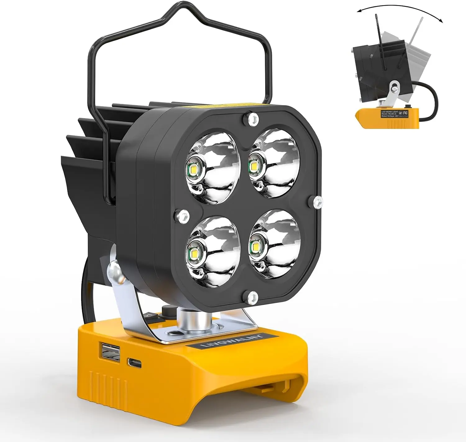 Cordless LED Work Light (Tool Only) Compatible with DeWalt 20V Battery, 60W 8000 LM LED Spot, Fast Charge USB & Type-C, Low Voltage Protection, Handle Design for Outdoor Jobsite Use