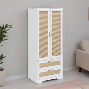 Wooden Wardrobe Cabinet With Hanging Rod,Freestanding Modern Clothing Storage Cabinets With 2 Rattan Doors,Armoire Wardrobe Closet With 2 Rattan Drawers For Bedroom,Living Room,Laundry Room And Cloak Room, Black/White/Natural