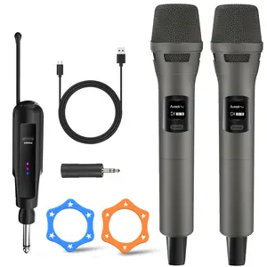 Aveek Wireless Microphone for Karaoke, Rechargeable Cordless Dynamic Microphone and Wireless Receiver for Karaoke Machine,Church, Speech, Wedding, Party Singing, Grey, 2 Packs fathersdaygift