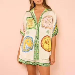 2025 European and American Women's Clothing Fashion Printed Button Shirt Elastic Waist with Pocket Shorts Suit Women's Two-Piece Suit Womenswear Fitted Shortsleeve