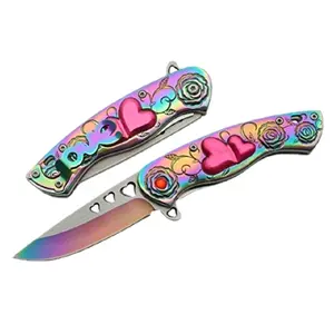 Beautiful Spring Assist Folding Knife Iridescent Rainbow Titanium Color Love Theme Simulated Jewel Custom Pocket Clip