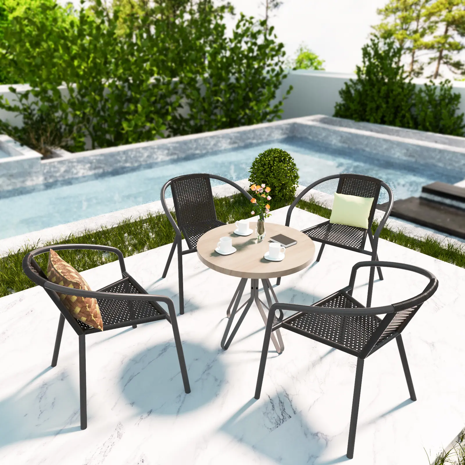 Grezone Outdoor Chairs Set of 4 Patio Chairs,Stackable Wicker Rattan Chairs with Metal Frame for Balcony, Deck, Bistro, Backyard, Porch summerwins