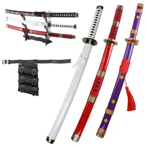 ELERVINO 31 inches Bamboo Wooden Roronoa Zoro Cosplay Sword Set, Yama Enma/Wado Ichimonji/Sandai Kitetsu Swords with Black Belt & Holder Stand Display for Halloween Anime Role Playing Props Cosplay Collection Decoration Christmas Gift Birthday Decoration