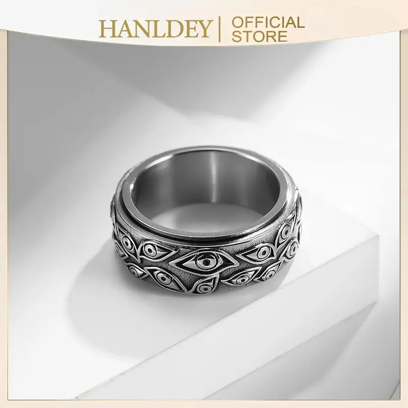 Men's All Seeing Eye Stainless Steel Spinner Ring - Chunky Band, Metallic Band, Tarnish Resistant, Retro Vintage Jewelry, Men's Accessories, Sizes 8-12, Quirky Unique Cool Gifts (Christmas, Graduation), Chunky Band Rings