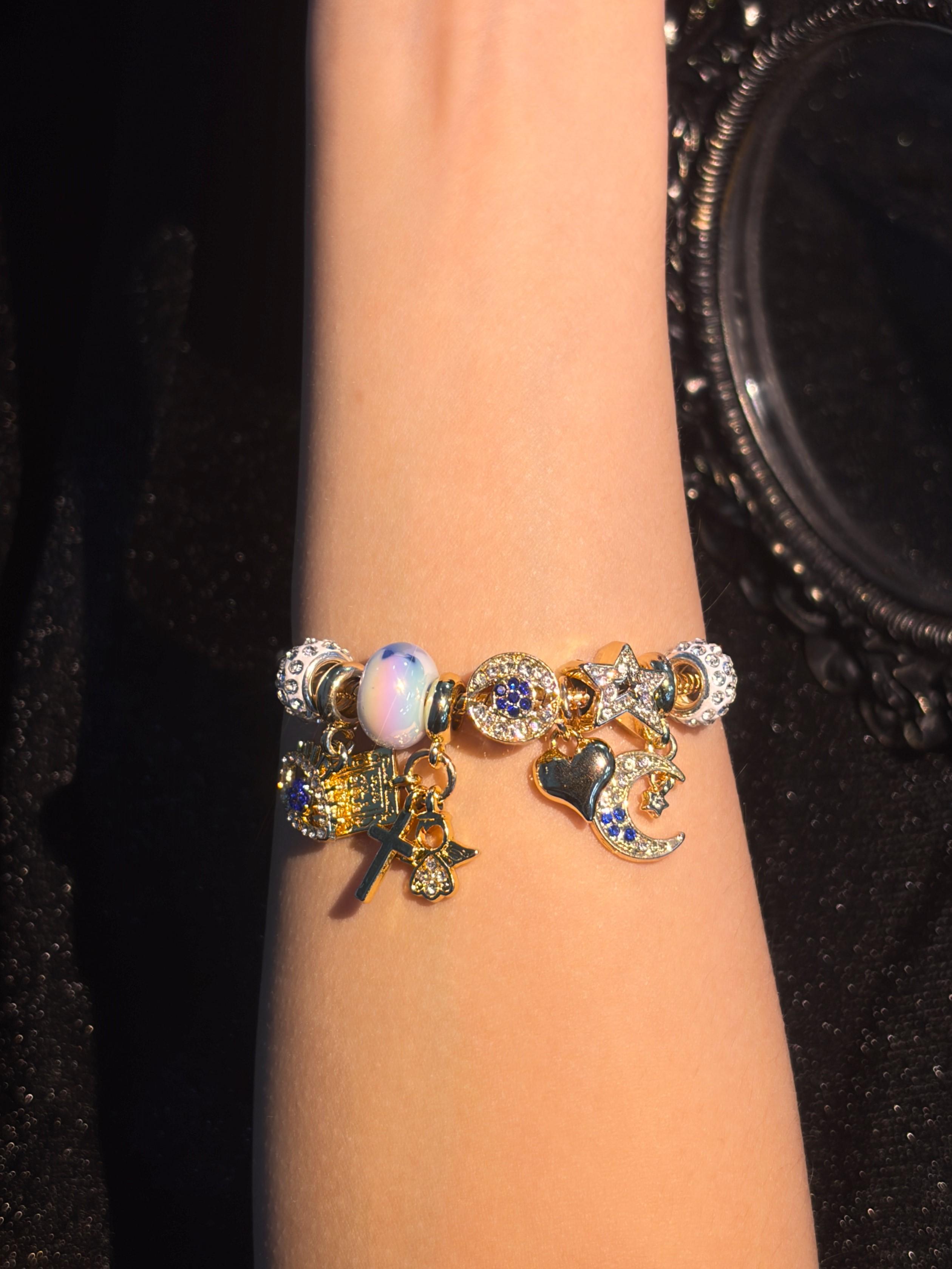 Women Warm Gold Beaded Snake Chain Bracelet, Moon Star Evil Eye Cross Tarot Card Pendants Shiny Rhinestone Gradient Glass Beads Adjustable Wrist Ornament, Mystical Fashion Present for Ladies