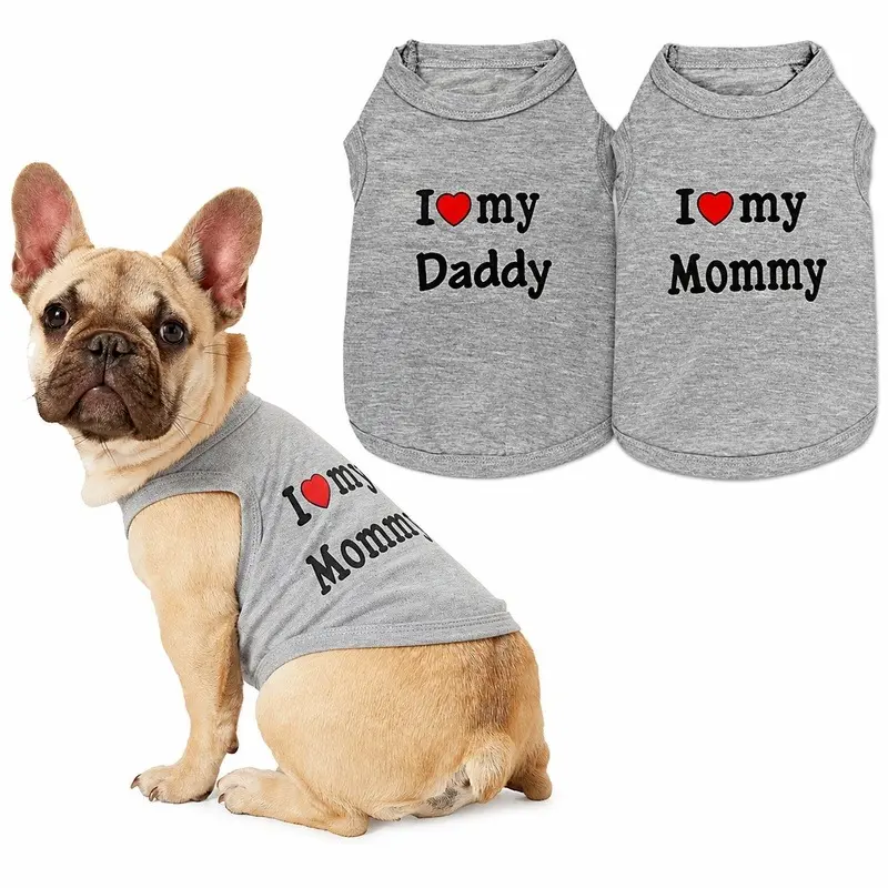 Dog & Cat Sleeveless Vest Shirt - "Love Daddy/Love Mommy" Print, Soft Breathable Black Gray Apparel, Cute Daily Wear for Small Medium Pets