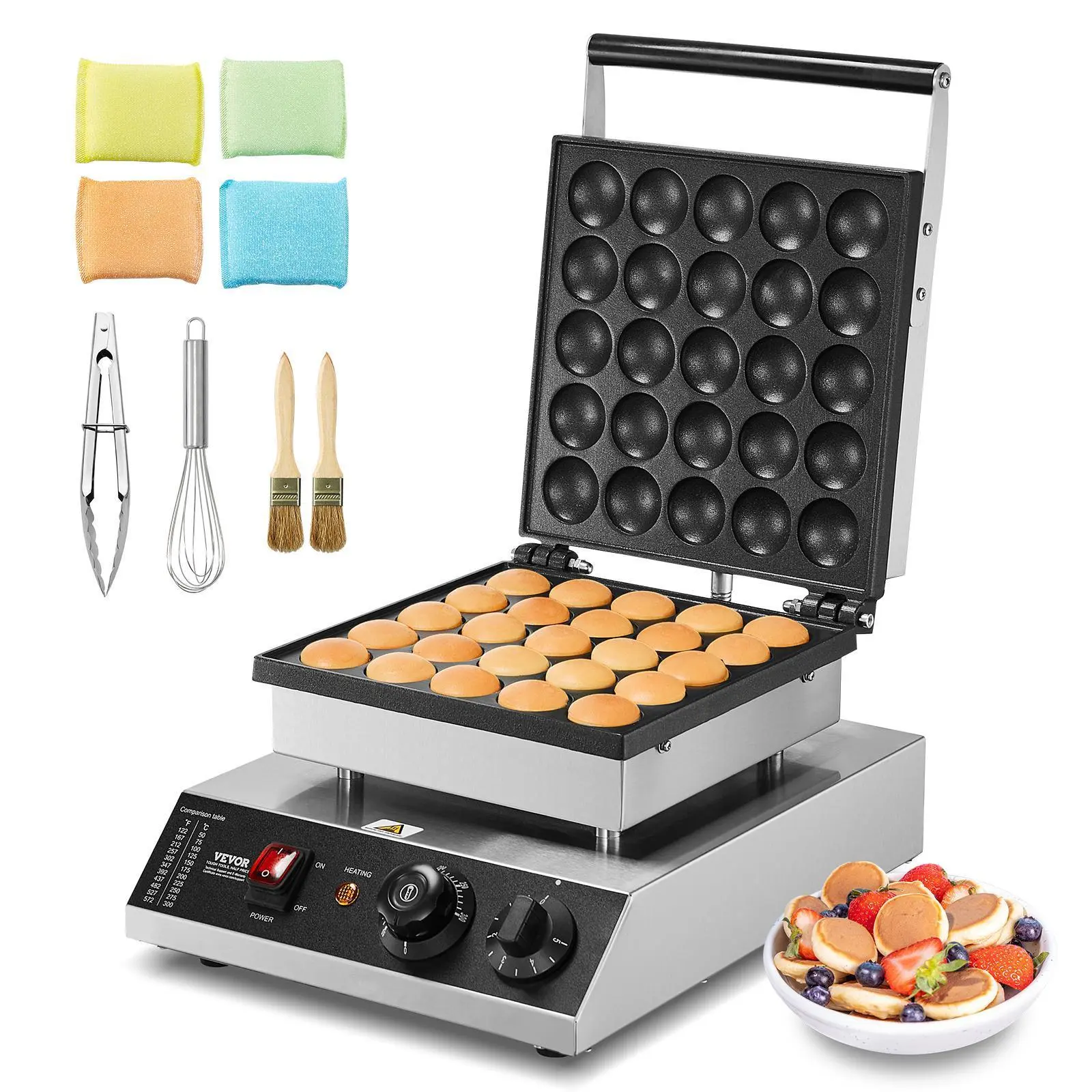 【Summerfinds】VEVOR Mini Dutch Pancake Maker, 25PCS 43mm Diameter Dorayaki Baker Machine, 1700W Commercial Electric Poffertjes Grill, Non-stick Stainless Steel, Temp & Time Control, for Home Kitchen Restaurant