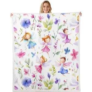 Cute Pink Fairy Fleece Throw Blanket Throw Kids Cartoon Fairy Plush Sherpa Blanket Fuzzy for Boys Girls Teens Floral Flower Print for Bed Couch Chair Breathable Magic Room Decor