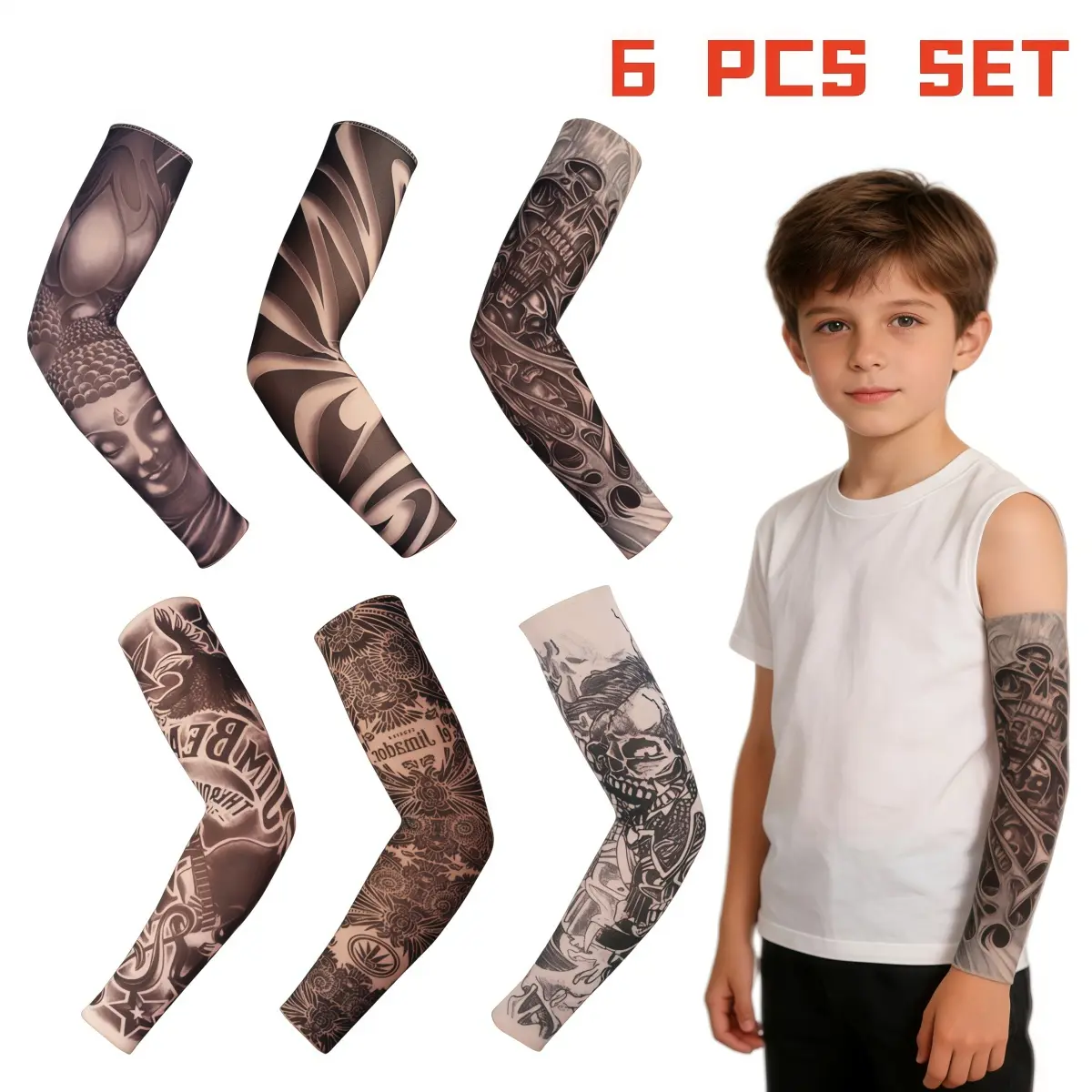 6pcs Kids Unisex Realistic Temporary Tattoos Sleeve Set - Assorted Bundle Pre-Packaged Sun Protection Cooling Arm Covers for Summer Outdoor Sports, Halloween Temporary Tattoos Decor
