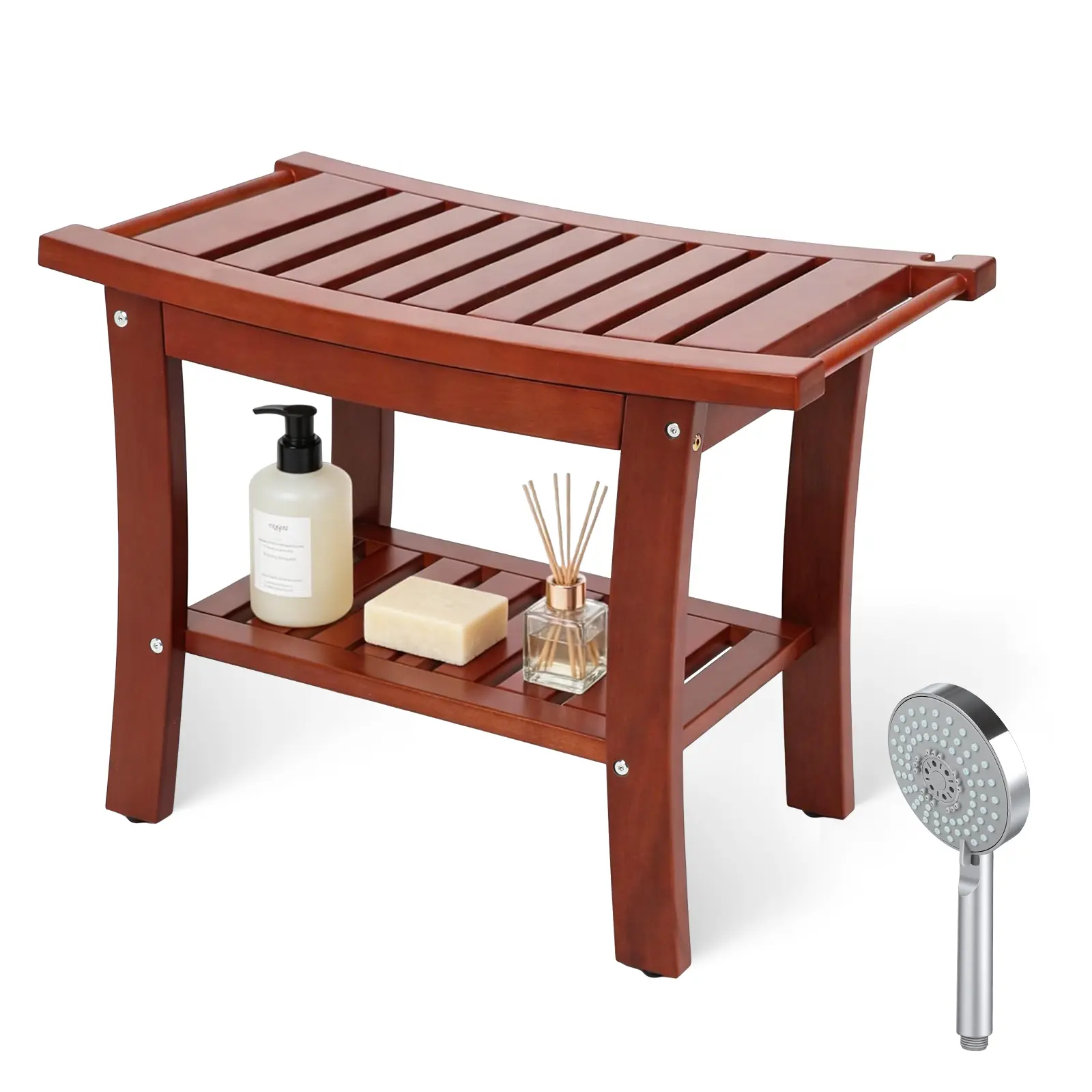 Shower Bench 24 Inch with Storage Shelf + Free Handheld Shower, Waterproof Wooden Shower Stool, 330 lbs Heavy Duty Bath Seat for Bathroom & Outdoor Use, Non-Slip Feet, Easy Assembly, Bathroom Accessories, Shower Chair