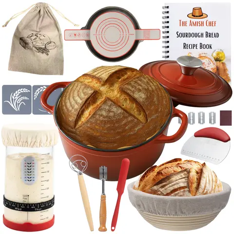 Complete Sourdough Bread Starter Kit – Jar, Banneton Basket, Recipe Book & Tools