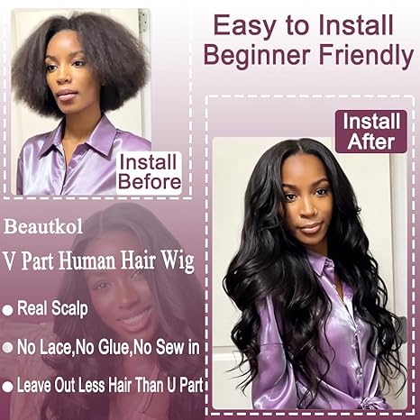 [V Part]Bling Hair V Part Wig Human Hair Body Wave Human Hair Wig With Clips Brazilian 100% Human Hair VPart Wigs Human Hair For Black Women Glueless Beginner Friendly Deep Wave
