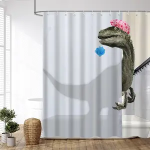 Funny Dinosaur Shower Curtain Set for Bathroom, White Fun Kids Fabric Animal Bathtub Curtains, Cool Cute Unique Raptor Accessories Decor