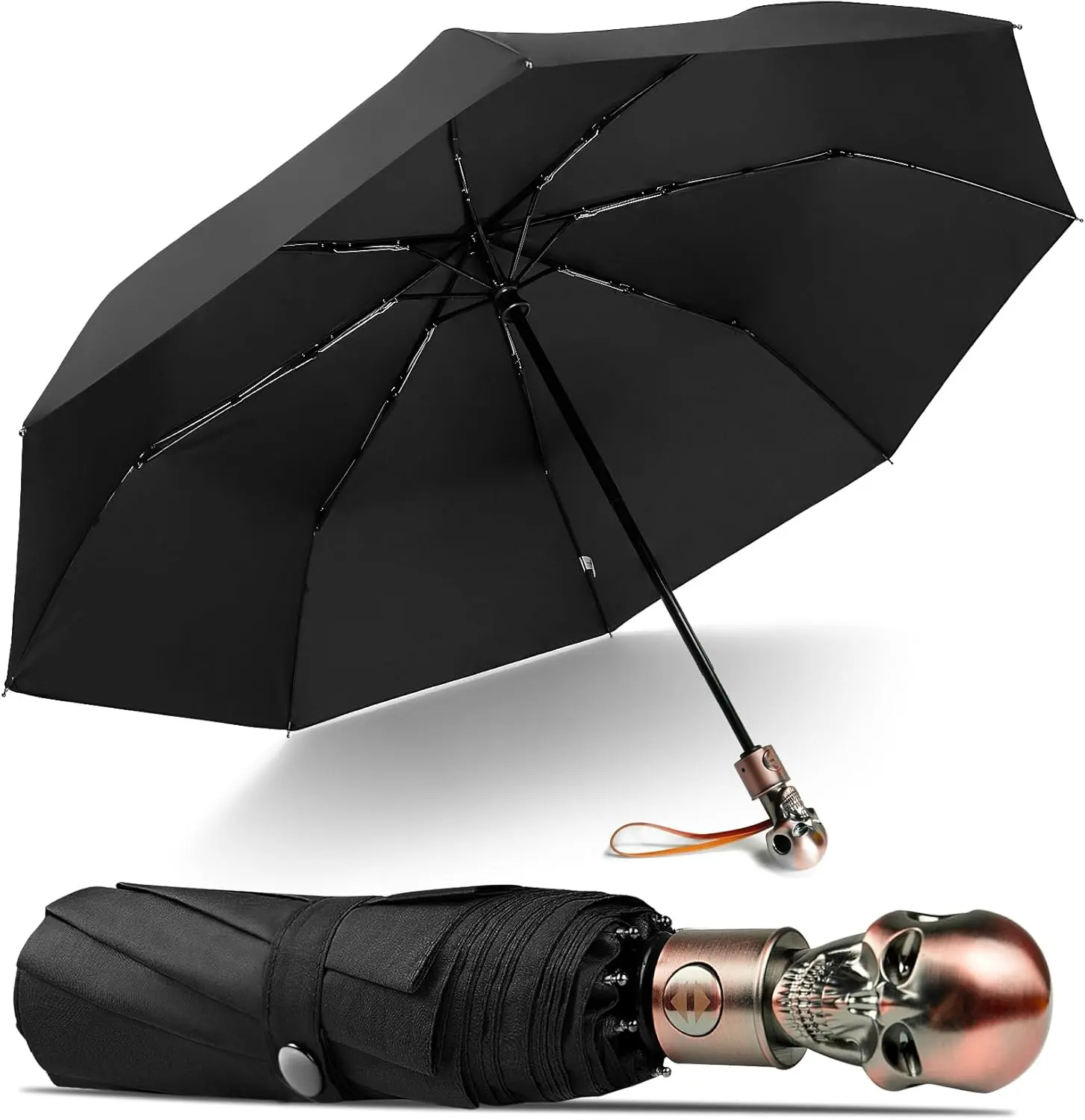 Mens Black Skull Umbrella - Automatic Luxury Travel Windproof Umbrella Compact - Portable  Lightweight Rain Umbrella for Adults